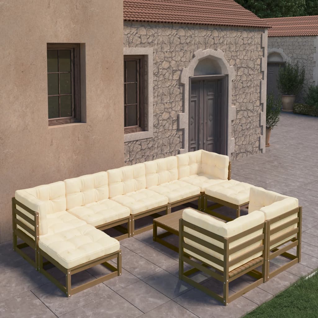 10-tlg. Garten-Lounge-Set Kissen Honigbraun Kiefer Massivholz